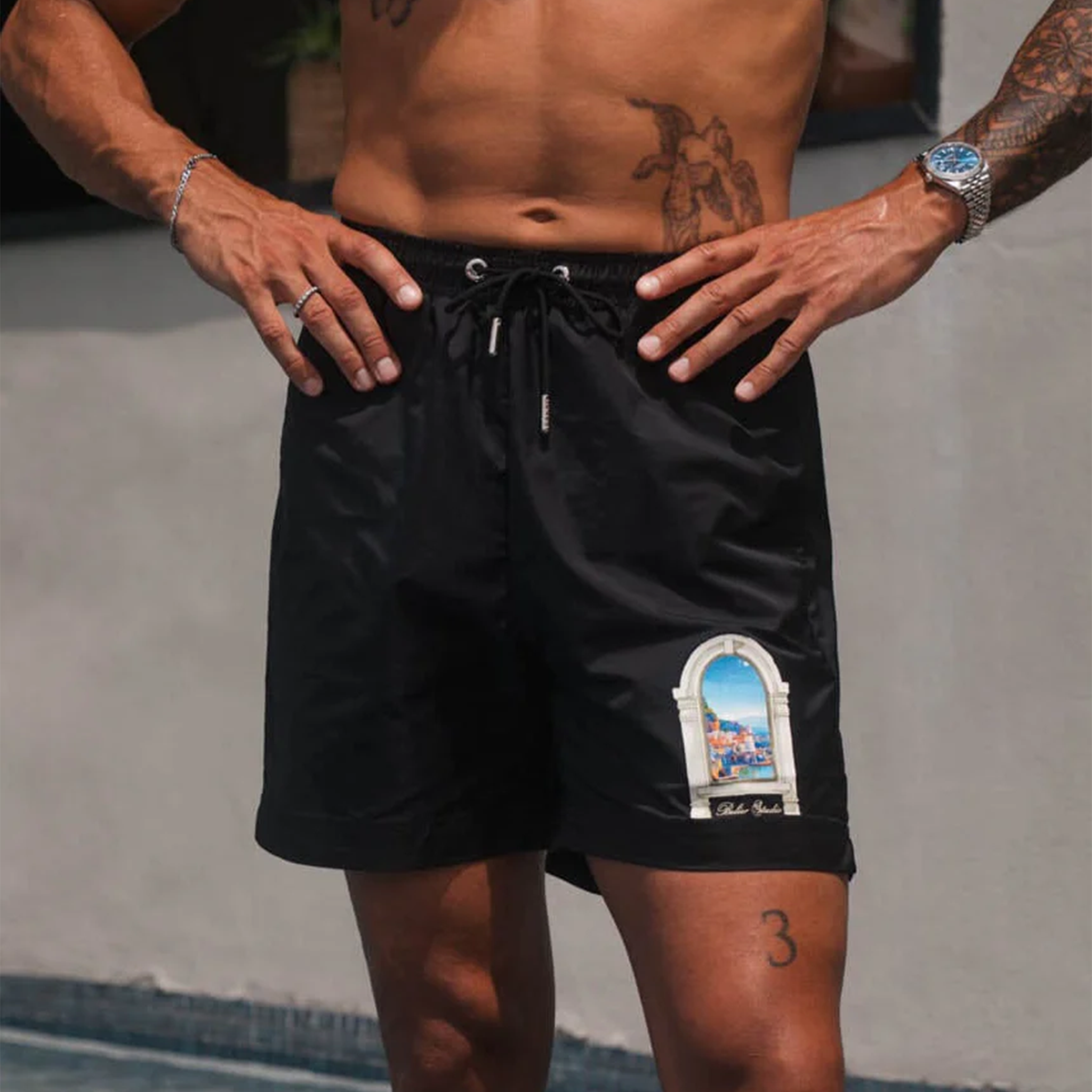 Front View of Belier Amalfi Arch Black Swim Shorts